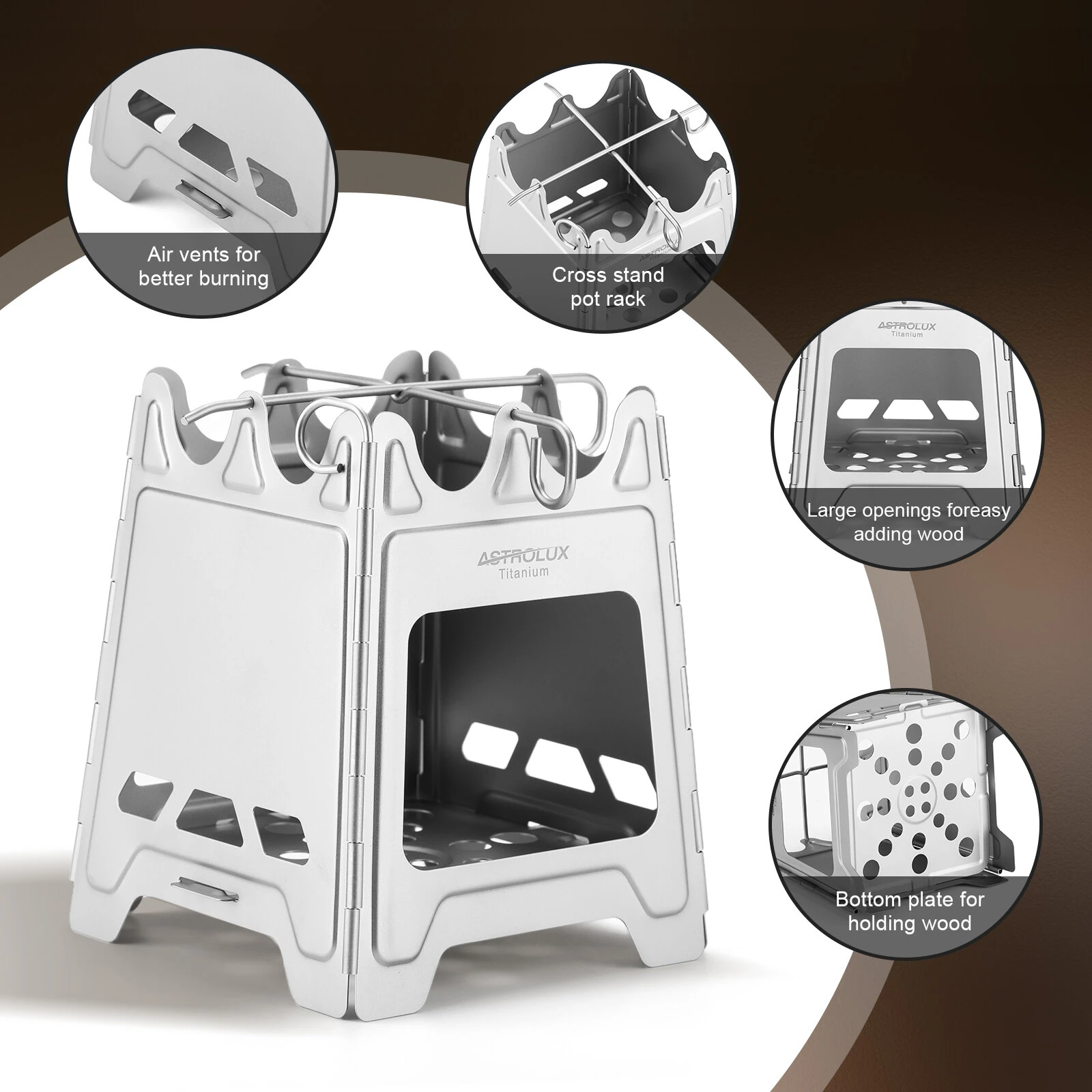 (image for) Astrolux&reg; Ti-BS1 Titanium Backpacking Stoves Titanium Camping Stove Folding Wood Burning Stove Pocket Stove Portable Lightweight Backpacking Stove for Outdoor Camping Hiking Backpacking P